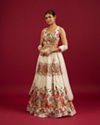 Mohey Women Soft Cream Floral Printed Crop Top Lehenga with Rhinestone Work
