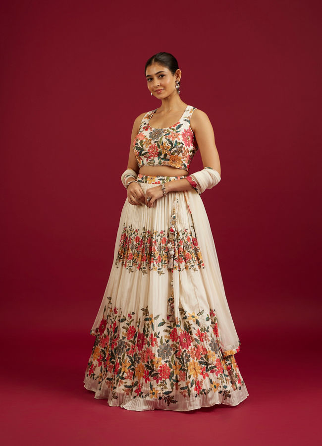Mohey Women Soft Cream Floral Printed Crop Top Lehenga with Rhinestone Work