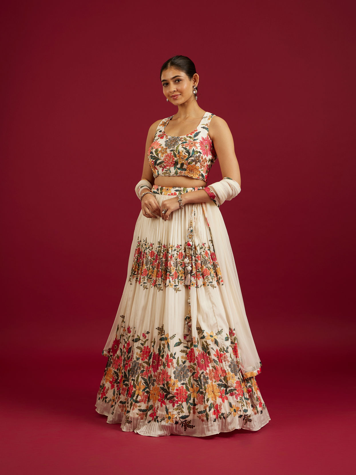 Mohey Women Soft Cream Floral Printed Crop Top Lehenga with Rhinestone Work
