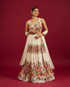 Soft Cream Floral Printed Crop Top Lehenga with Rhinestone Work