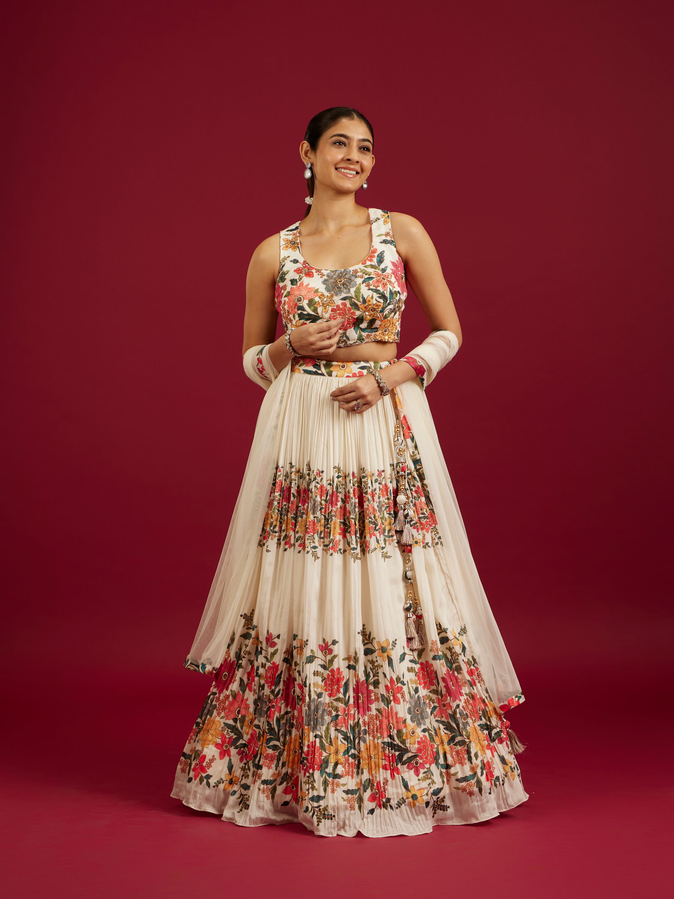 Mohey Women Soft Cream Floral Printed Crop Top Lehenga with Rhinestone Work