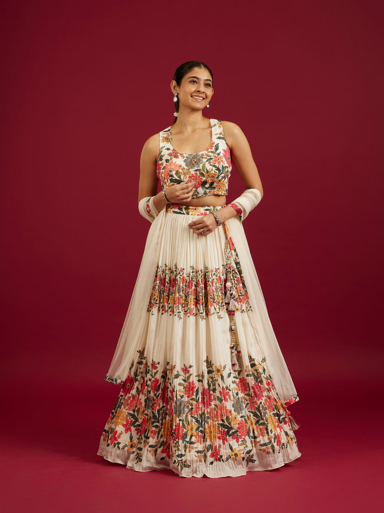 Mohey Women Soft Cream Floral Printed Crop Top Lehenga with Rhinestone Work