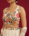 Mohey Women Soft Cream Floral Printed Crop Top Lehenga with Rhinestone Work