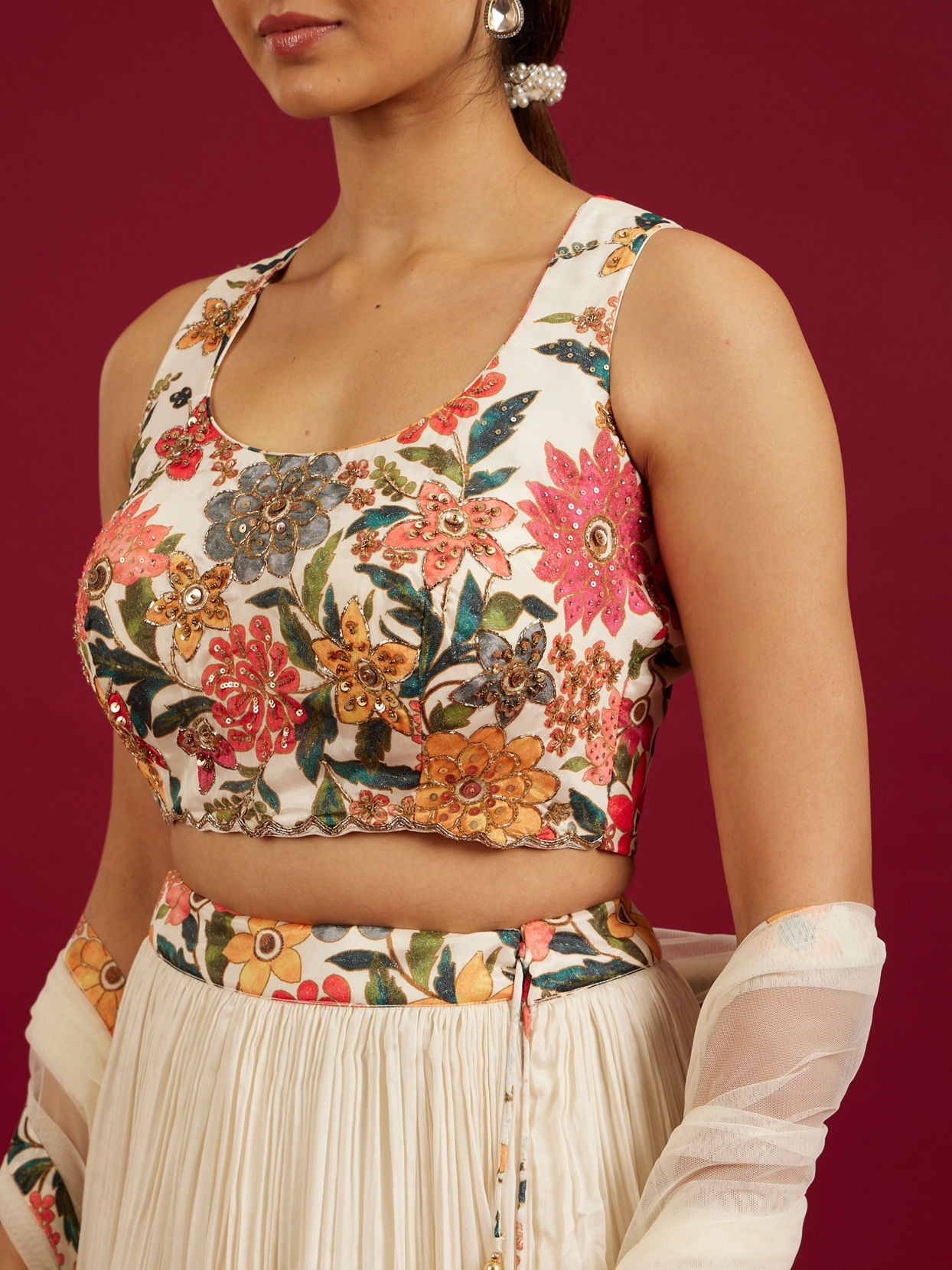 Mohey Women Soft Cream Floral Printed Crop Top Lehenga with Rhinestone Work