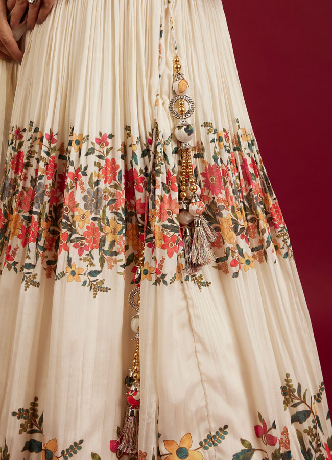 Mohey Women Soft Cream Floral Printed Crop Top Lehenga with Rhinestone Work