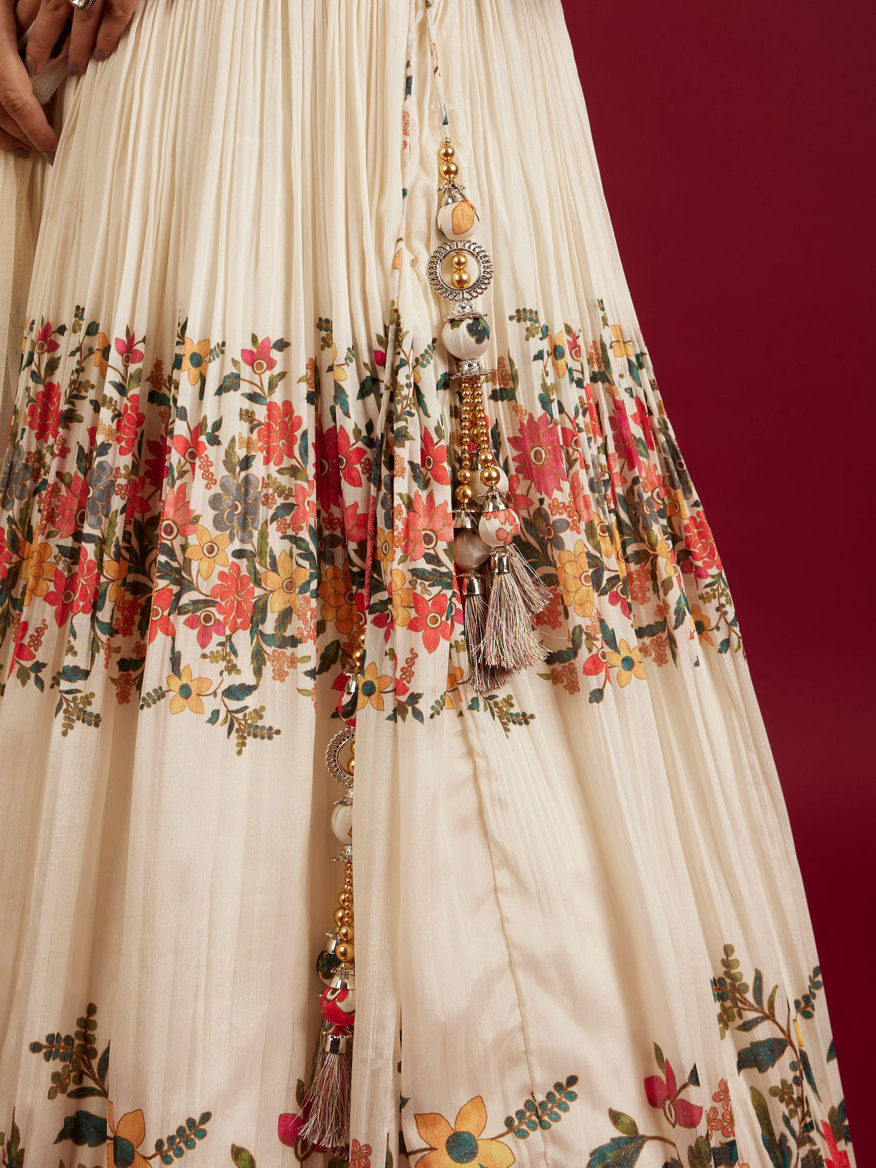 Mohey Women Soft Cream Floral Printed Crop Top Lehenga with Rhinestone Work
