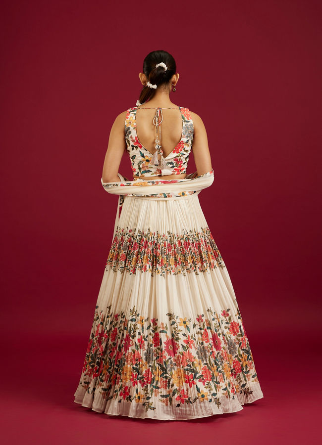 Mohey Women Soft Cream Floral Printed Crop Top Lehenga with Rhinestone Work