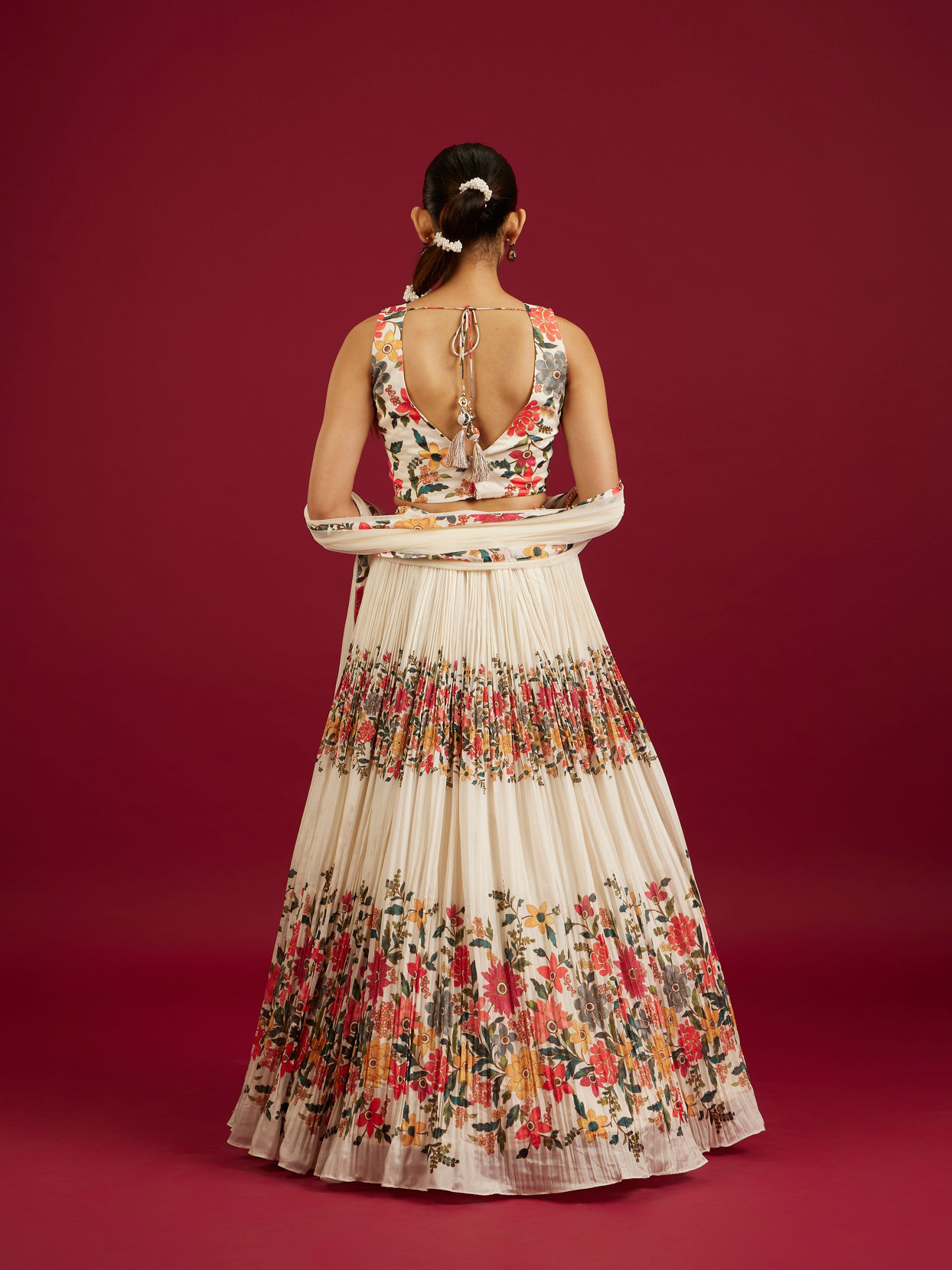 Mohey Women Soft Cream Floral Printed Crop Top Lehenga with Rhinestone Work