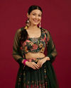 Mohey Women Bottle Green Floral Printed Crop Top Lehenga with Rhinestone Work