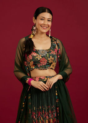 Mohey Women Bottle Green Floral Printed Crop Top Lehenga with Rhinestone Work
