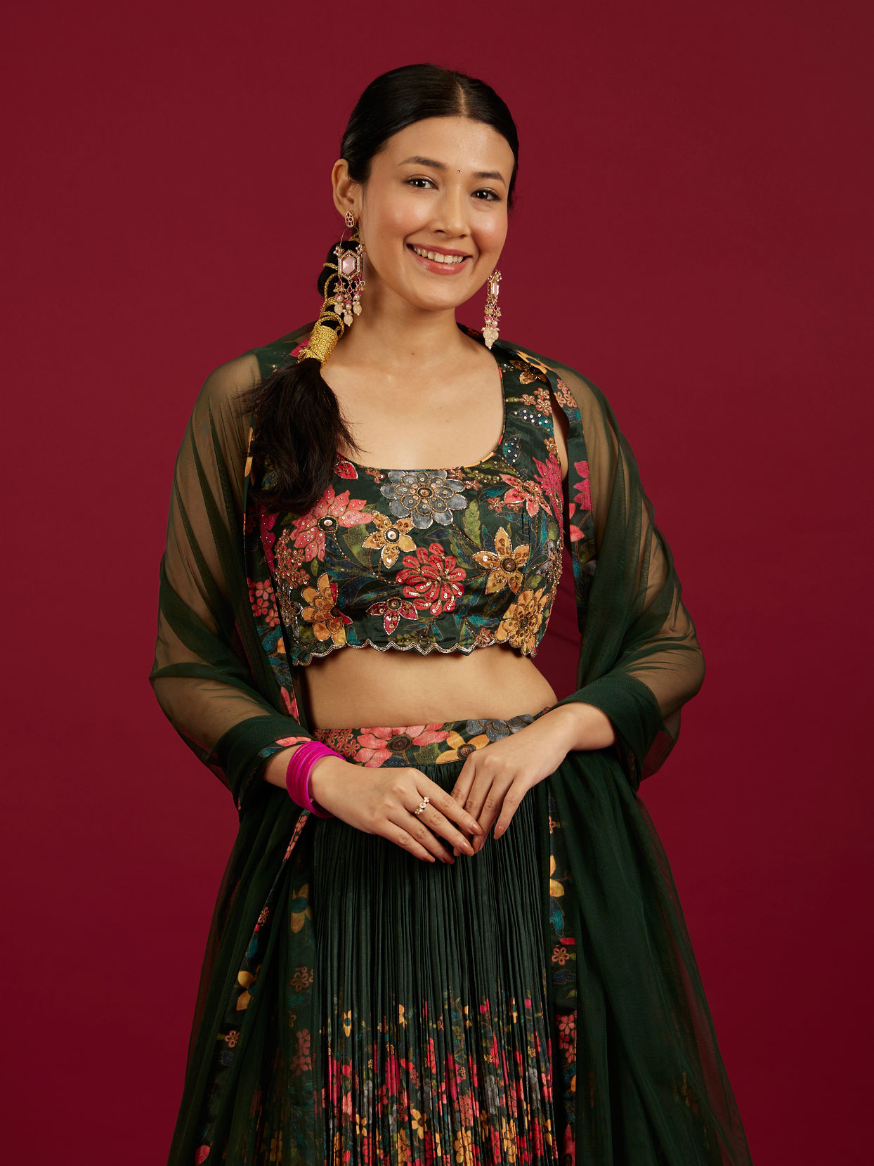 Mohey Women Bottle Green Floral Printed Crop Top Lehenga with Rhinestone Work
