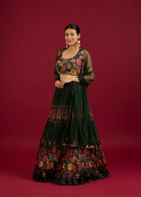 Mohey Women Bottle Green Floral Printed Crop Top Lehenga with Rhinestone Work image number 2