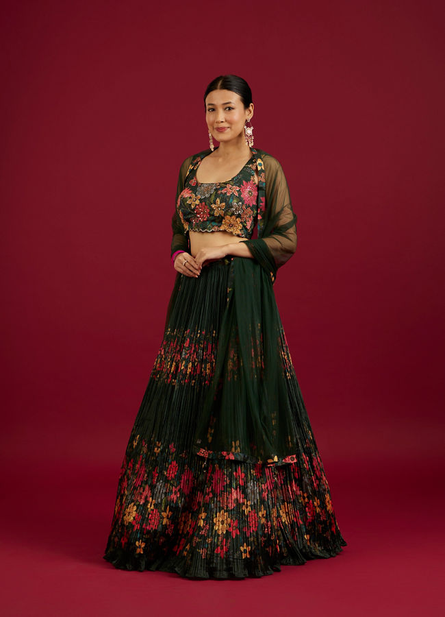 Mohey Women Bottle Green Floral Printed Crop Top Lehenga with Rhinestone Work