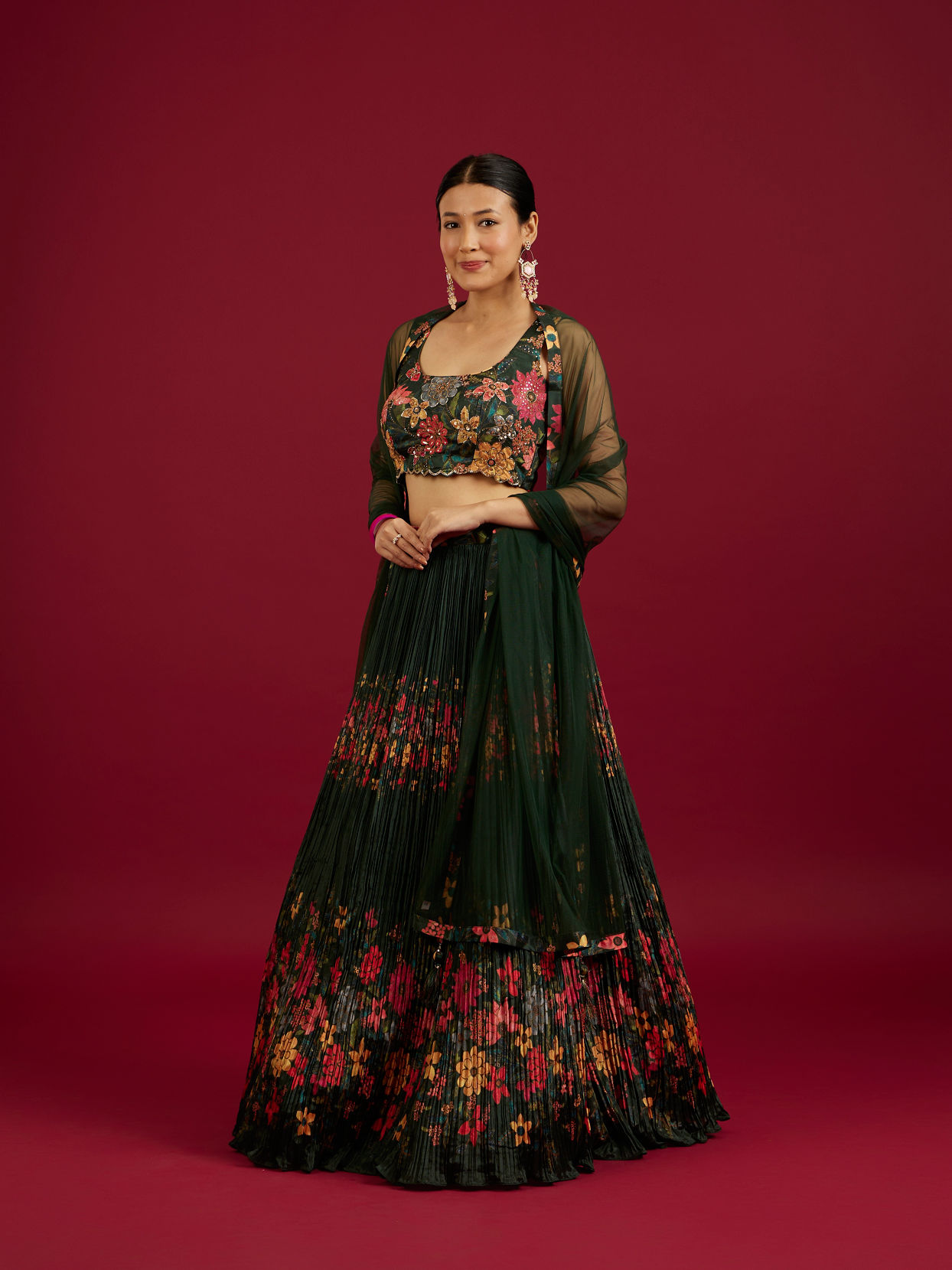 Mohey Women Bottle Green Floral Printed Crop Top Lehenga with Rhinestone Work image number 2