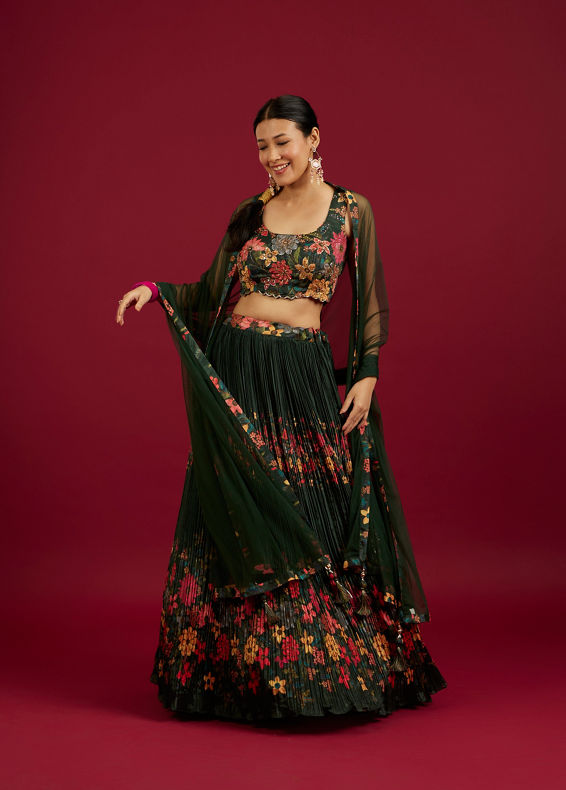 Mohey Women Bottle Green Floral Printed Crop Top Lehenga with Rhinestone Work