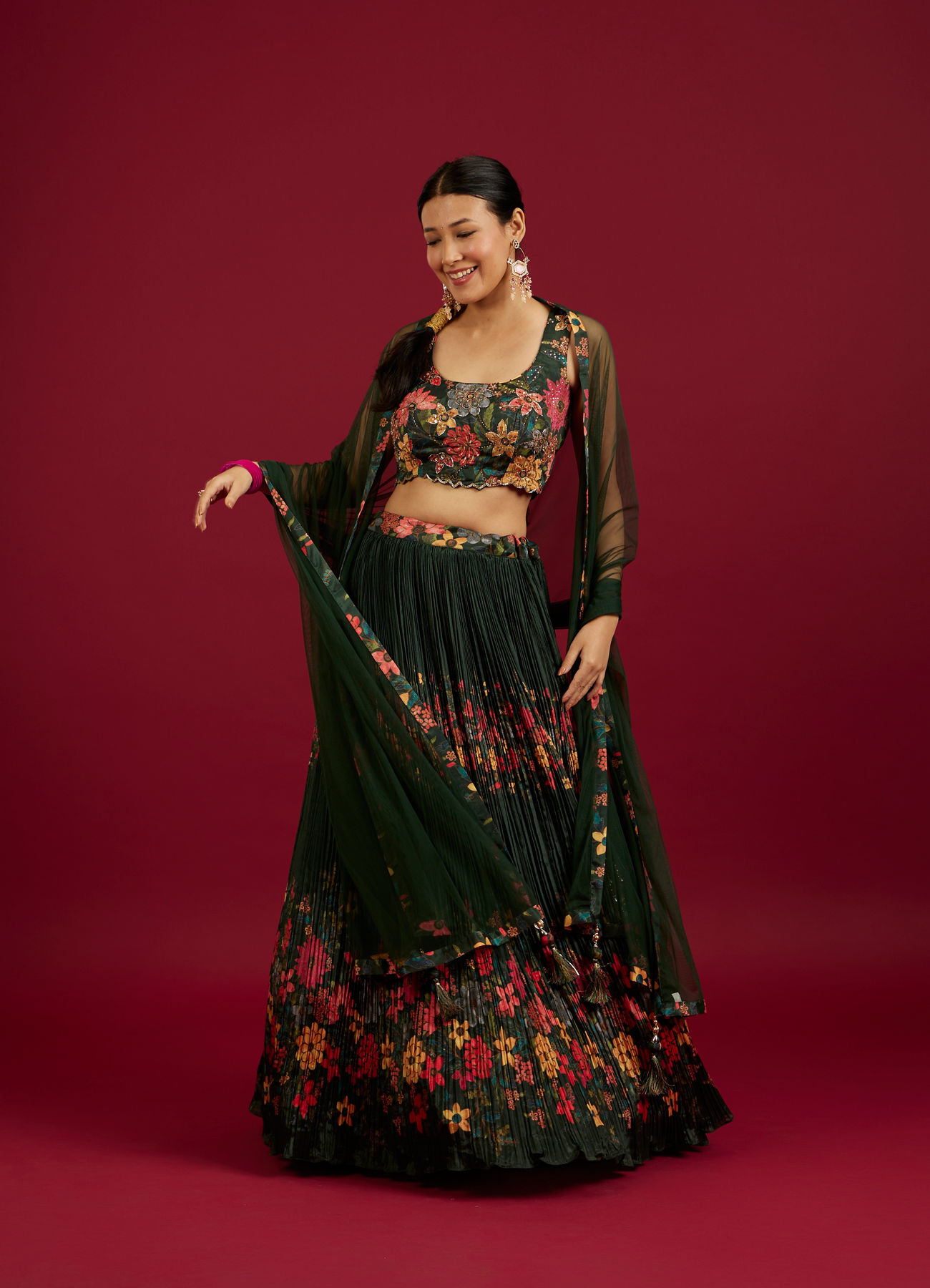 Mohey Women Bottle Green Floral Printed Crop Top Lehenga