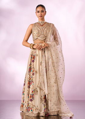 Mohey Women Cream Chinon Lehenga with Hand Embroidery