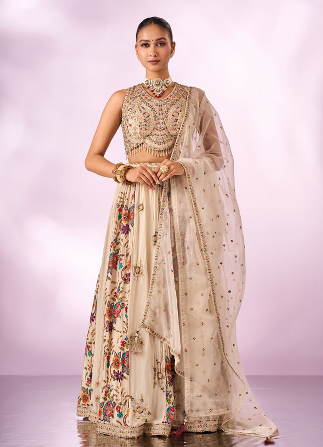 Mohey Women Cream Chinon Lehenga with Hand Embroidery