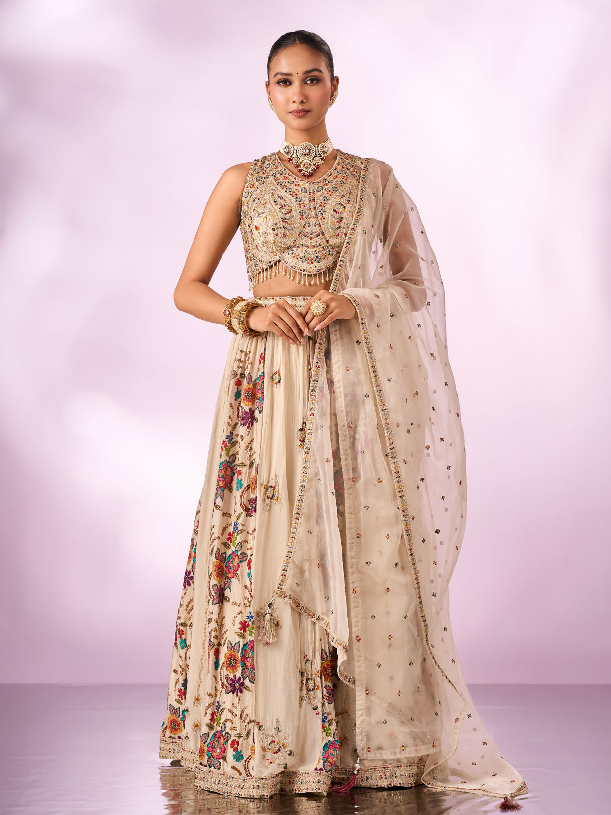 Mohey Women Cream Chinon Lehenga with Hand Embroidery