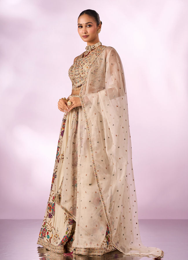 Mohey Women Cream Chinon Lehenga with Hand Embroidery