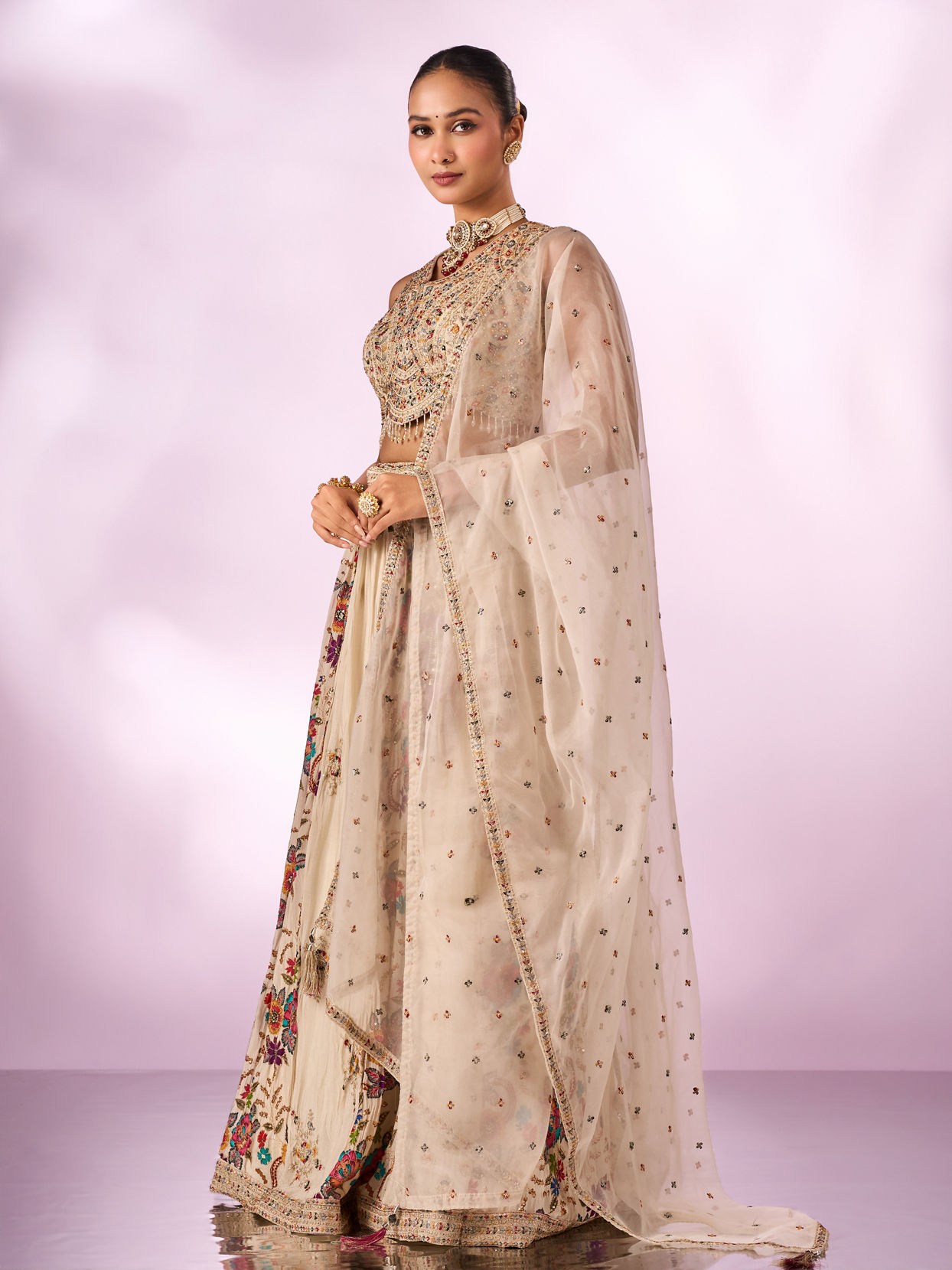 Mohey Women Cream Chinon Lehenga with Hand Embroidery