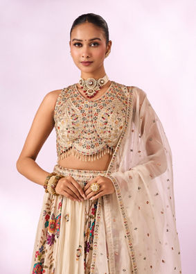 Mohey Women Cream Chinon Lehenga with Hand Embroidery