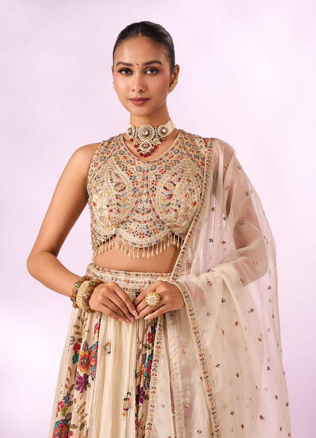 Mohey Women Cream Chinon Lehenga with Hand Embroidery