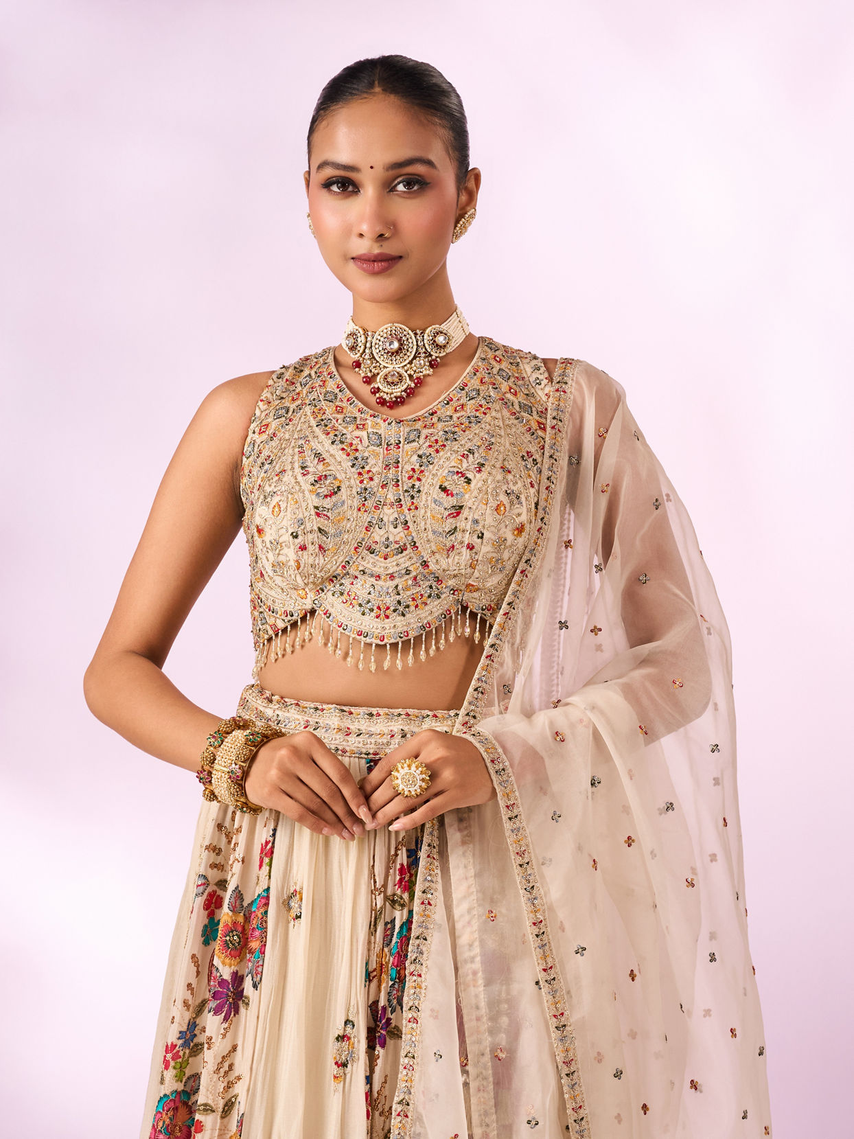 Mohey Women Cream Chinon Lehenga with Hand Embroidery