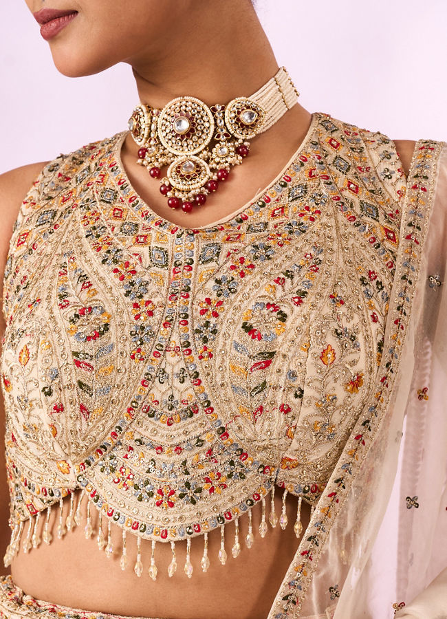 Mohey Women Cream Chinon Lehenga with Hand Embroidery
