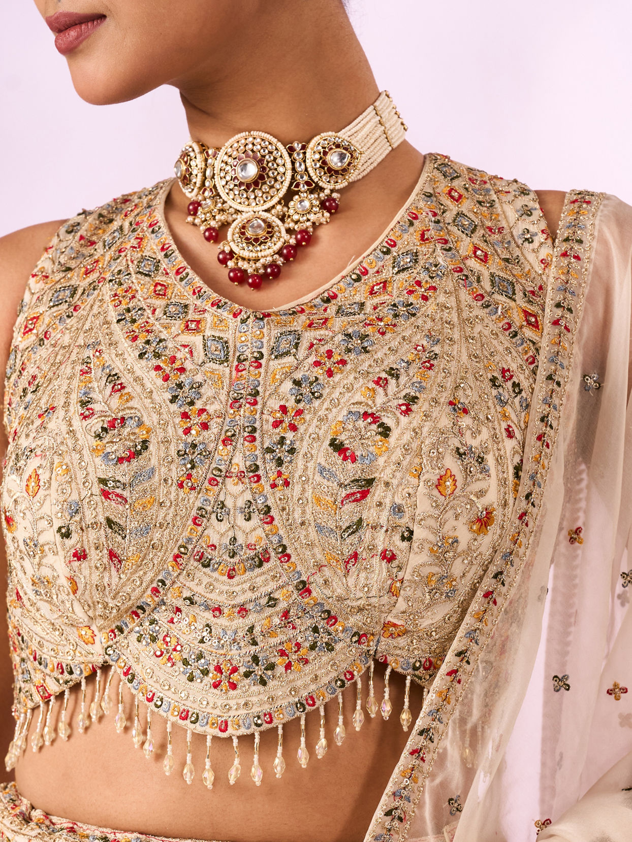 Mohey Women Cream Chinon Lehenga with Hand Embroidery