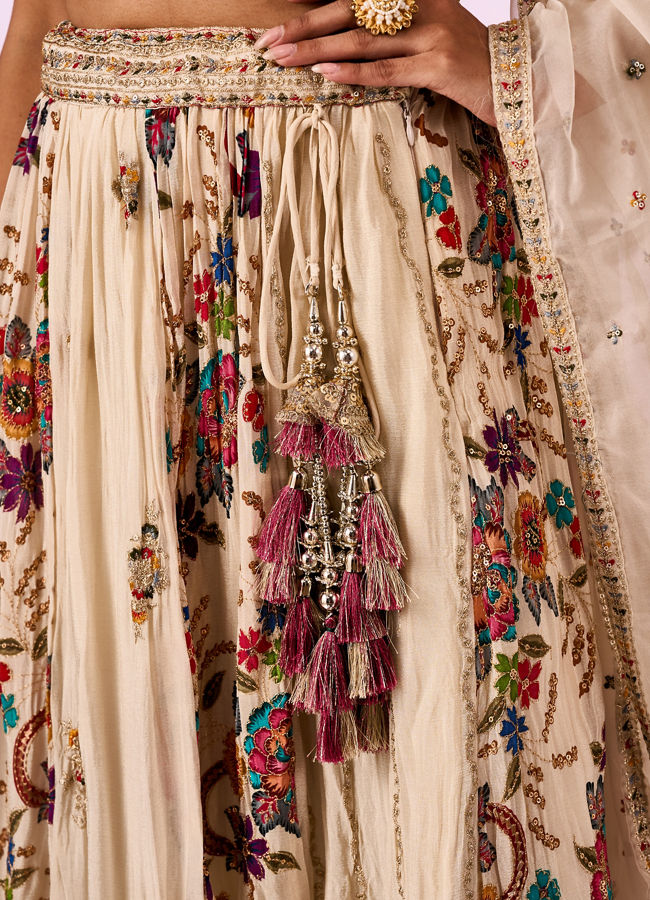 Mohey Women Cream Chinon Lehenga with Hand Embroidery