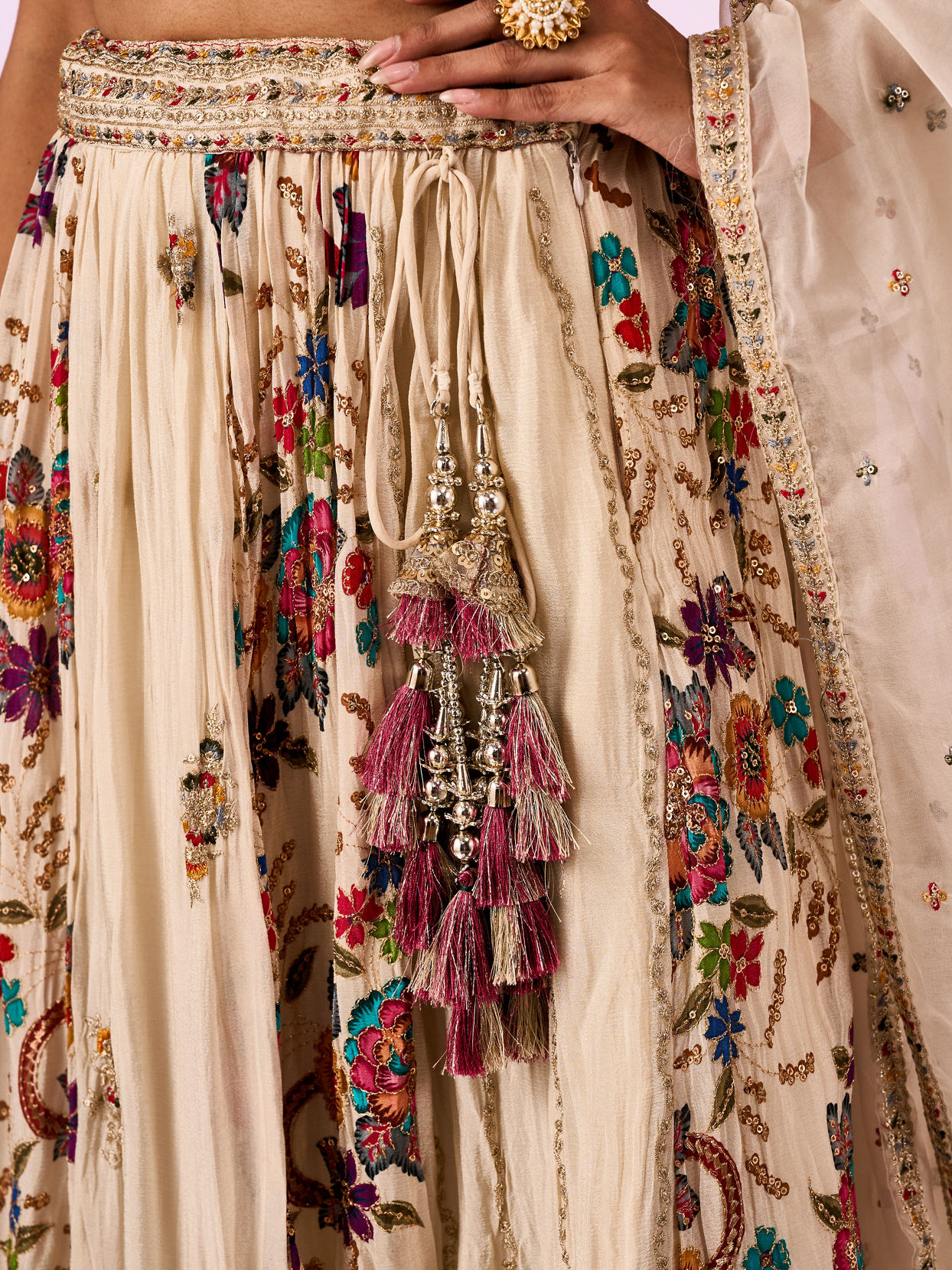 Mohey Women Cream Chinon Lehenga with Hand Embroidery