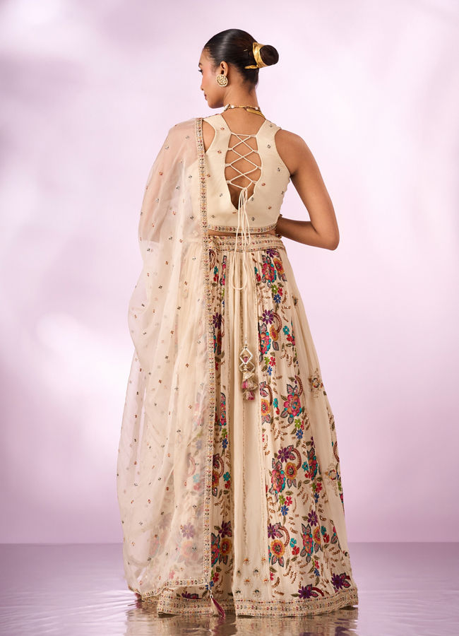 Mohey Women Cream Chinon Lehenga with Hand Embroidery
