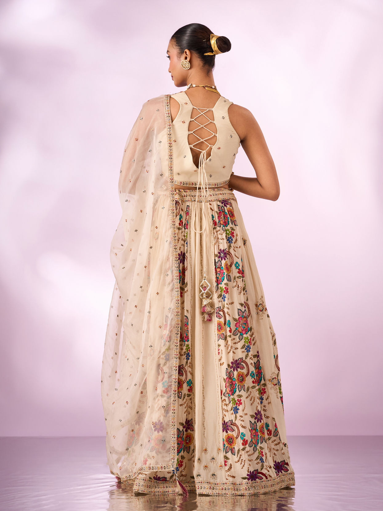 Mohey Women Cream Chinon Lehenga with Hand Embroidery