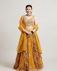 Mohey Women Mustard Yellow Chinon Lehenga with Zari Work