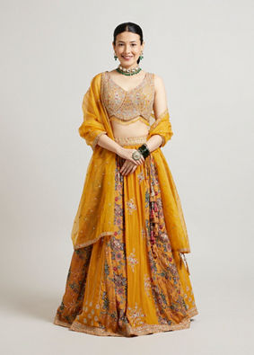 alt message - Mohey Women Mustard Yellow Chinon Lehenga with Zari Work image number 0