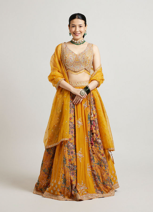 alt message - Mohey Women Mustard Yellow Chinon Lehenga with Zari Work image number 0