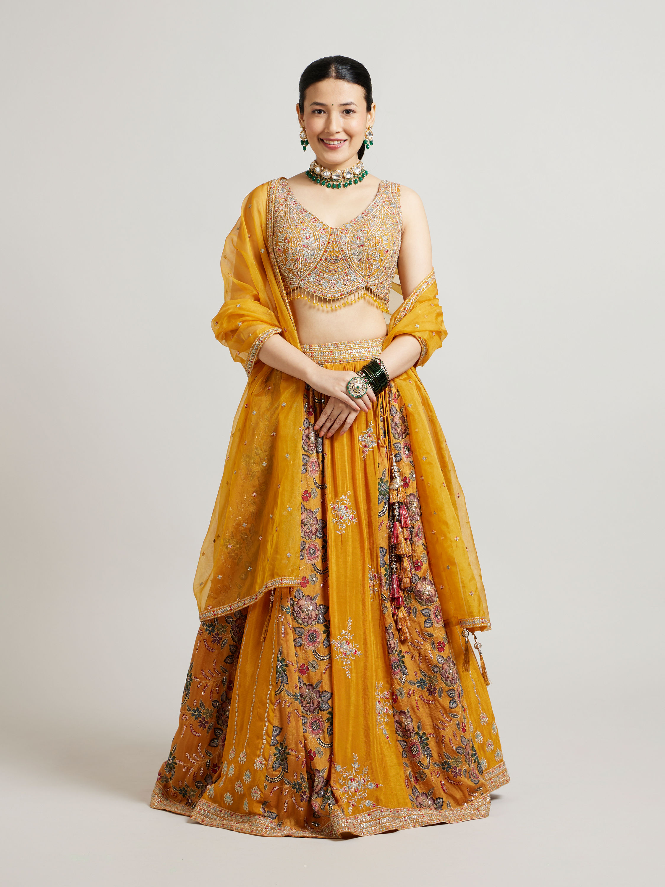 Mohey Women Mustard Yellow Chinon Lehenga with Zari Work