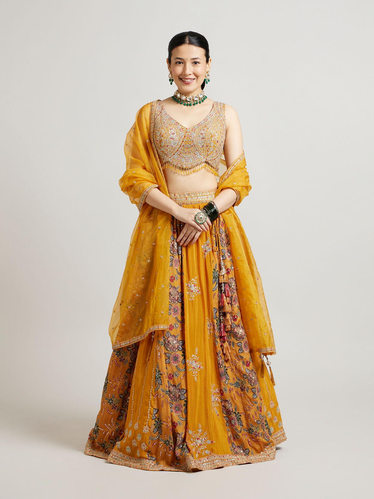 alt message - Mohey Women Mustard Yellow Chinon Lehenga with Zari Work image number 0