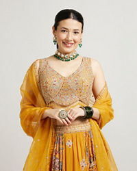 Mohey Women Mustard Yellow Chinon Lehenga with Zari Work