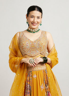 alt message - Mohey Women Mustard Yellow Chinon Lehenga with Zari Work image number 1