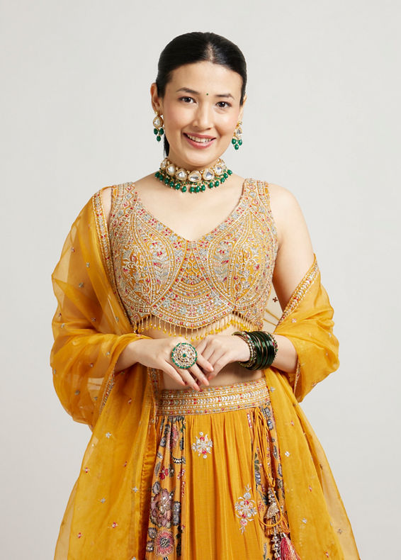 Mohey Women Mustard Yellow Chinon Lehenga with Zari Work