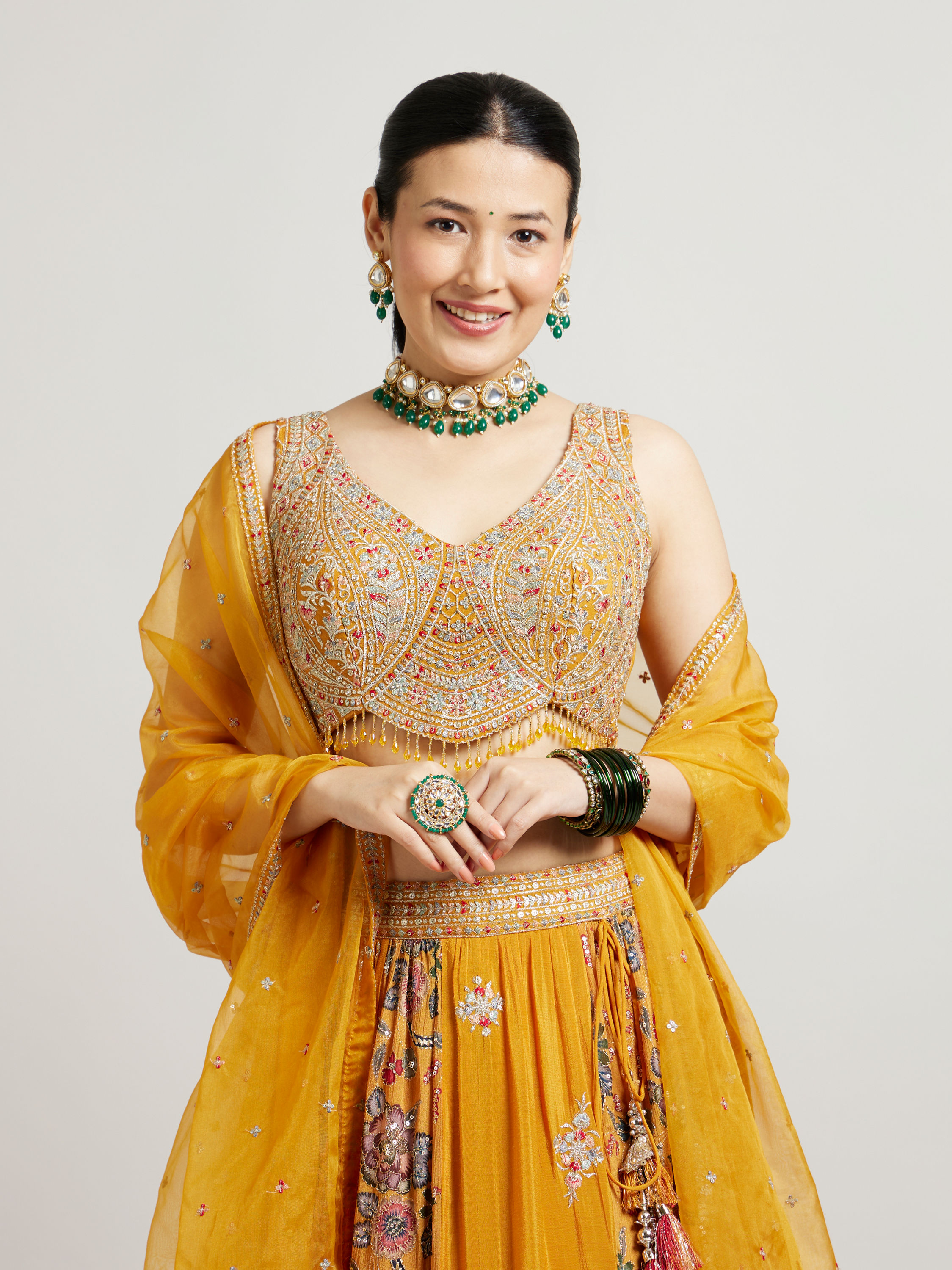 Mohey Women Mustard Yellow Chinon Lehenga with Zari Work