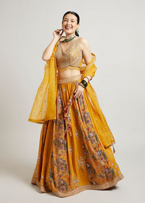 alt message - Mohey Women Mustard Yellow Chinon Lehenga with Zari Work image number 2