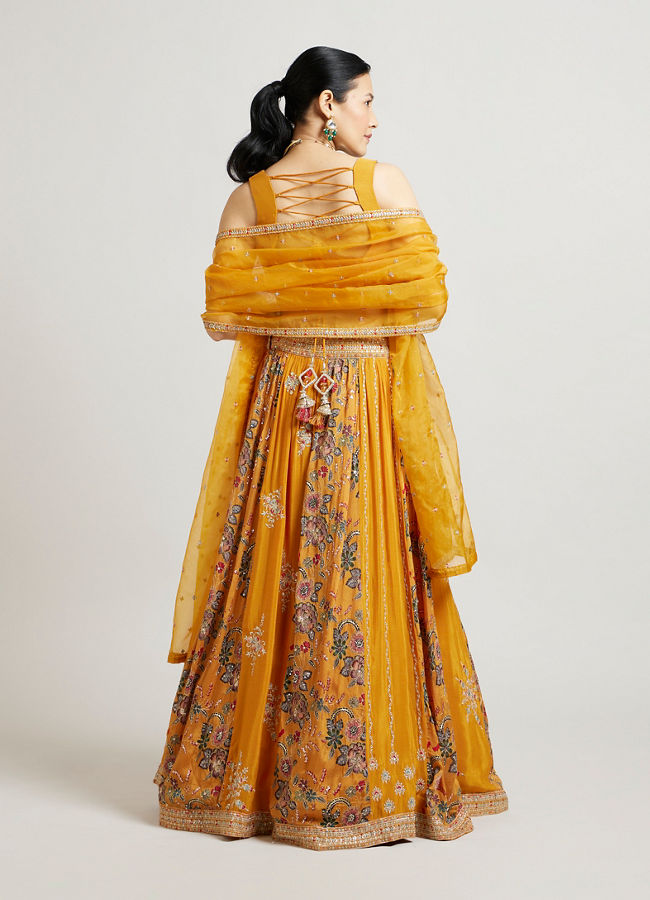 Mohey Women Mustard Yellow Chinon Lehenga with Zari Work