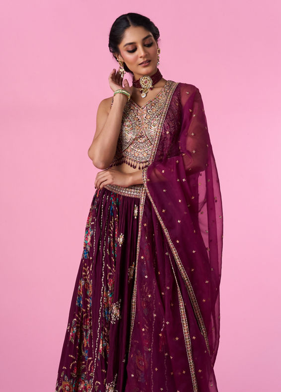 Mohey Women Wine Chinon Splendour Lehenga