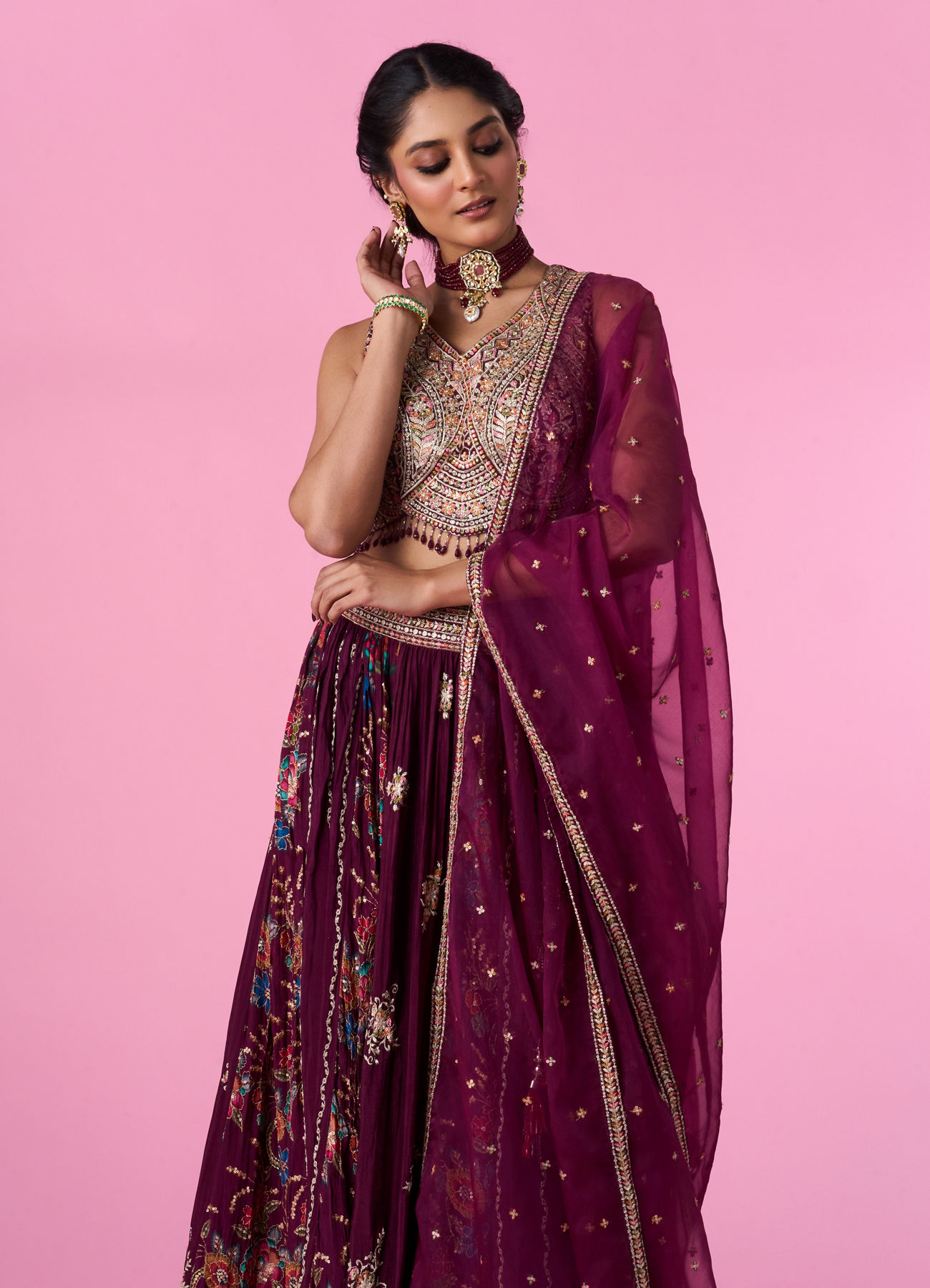 Mohey Women Wine Chinon Splendour Lehenga