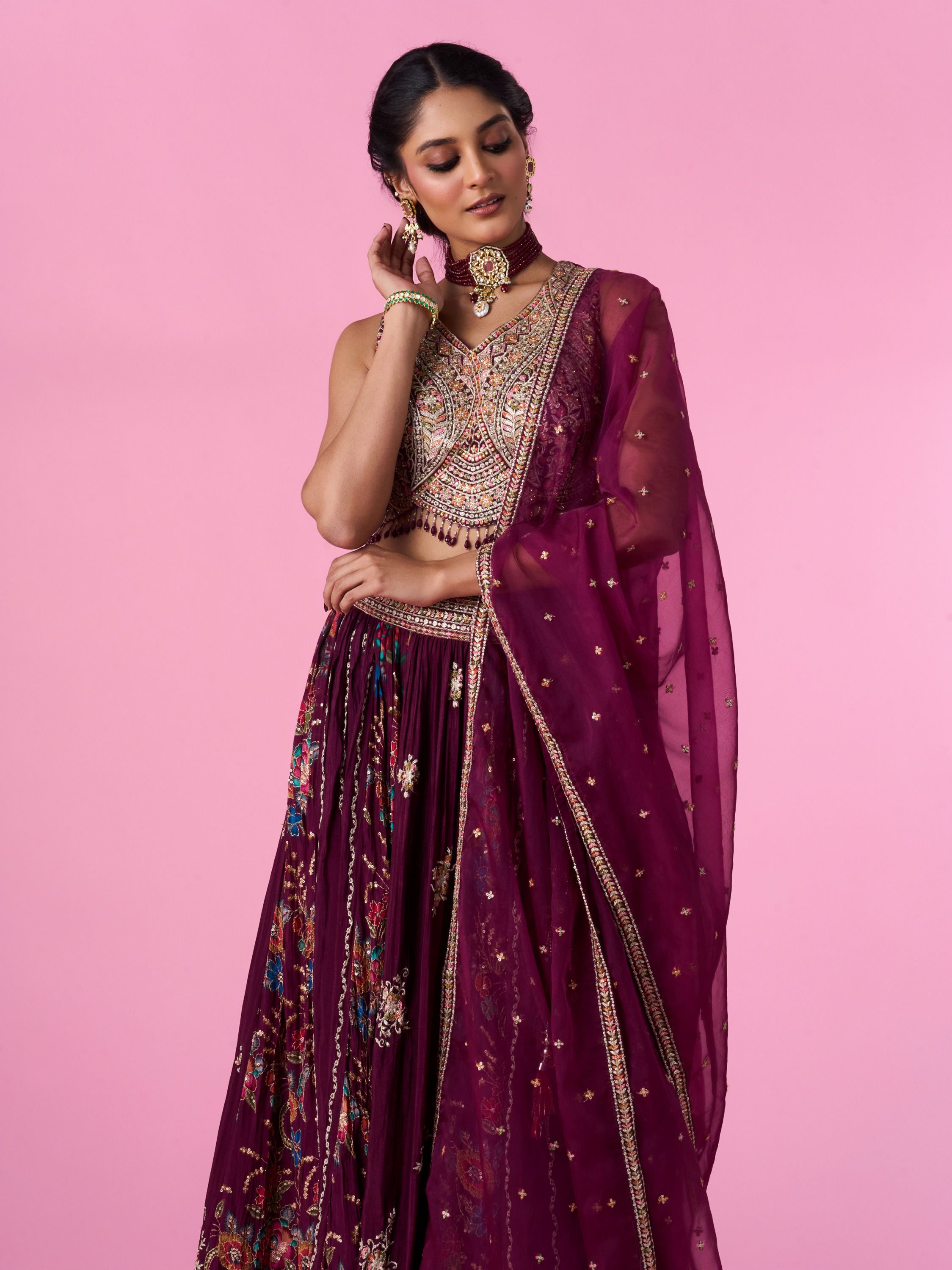 Mohey Women Wine Chinon Splendour Lehenga