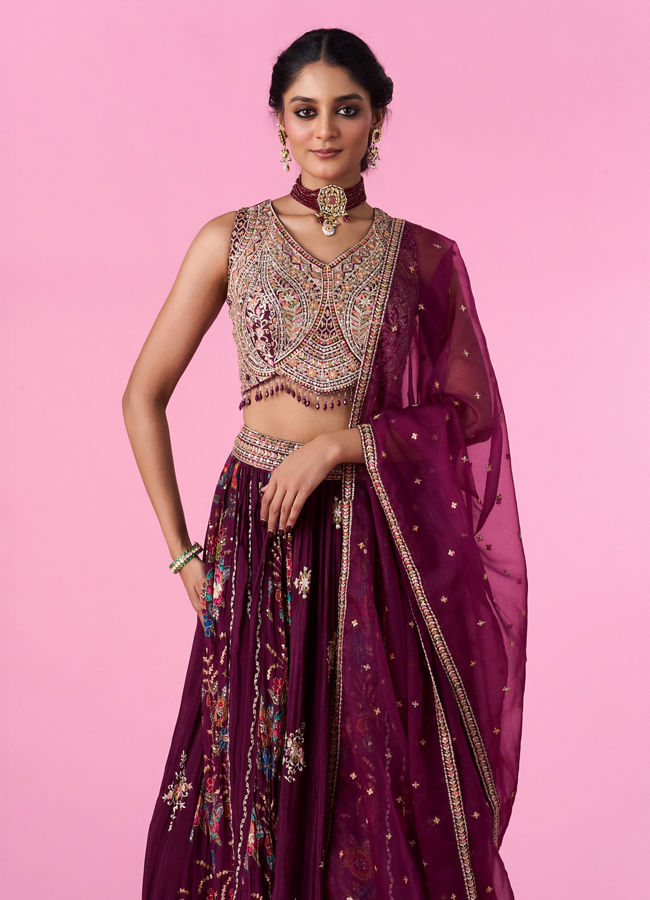 Mohey Women Wine Chinon Splendour Lehenga