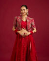 Mohey Women Scarlet Red Buta Patterned Lehenga with Floral Embroidered Blouse